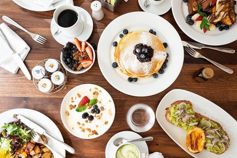 Assorted breakfast entrees at Tillie's, a restaurant at Gurney's Montauk Resort