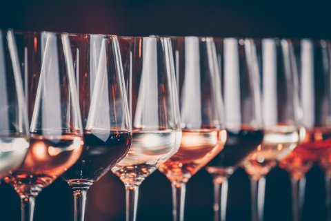 A lineup of wine glasses each with a different variety ready to taste.