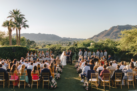 A wedding at Sanctuary Camelback Mountain with the mountains of Paradise Valley in the background