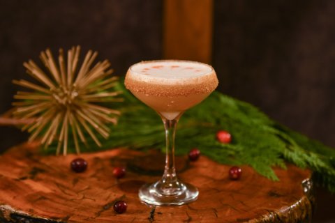 Jade Bar's Six Geese A-Laying cocktail with amaretto, demerara, mulled wine and lemon.