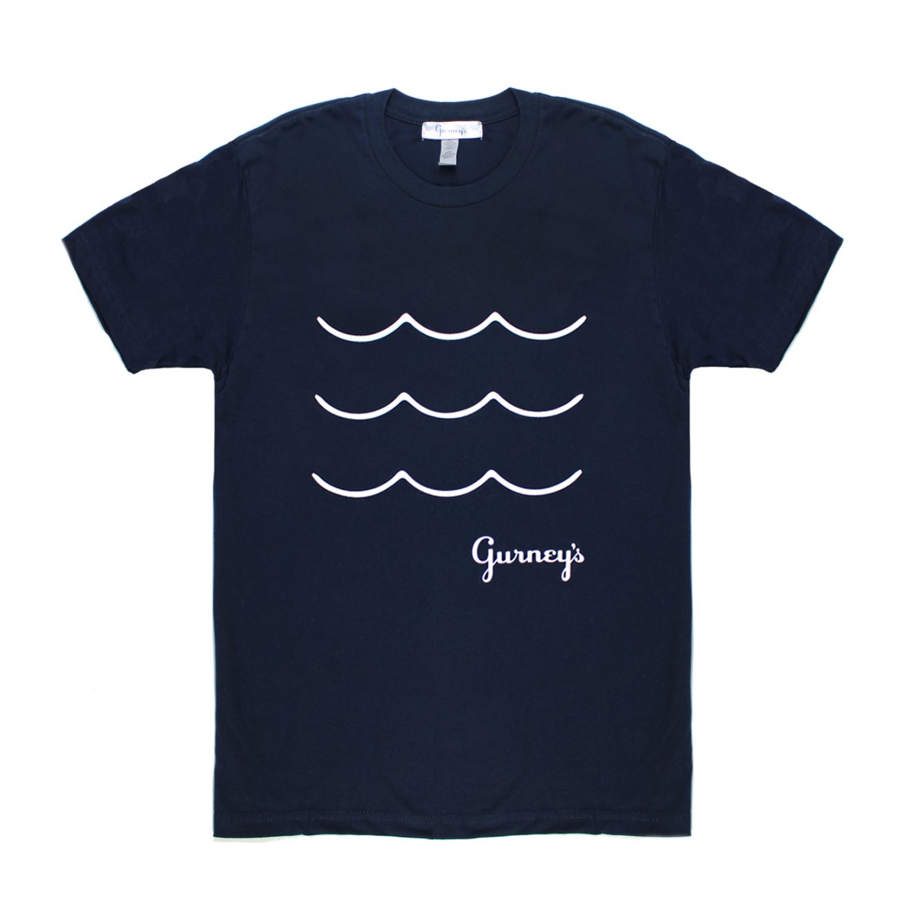 Gurney's T-shirt Wave screened across chest front navy