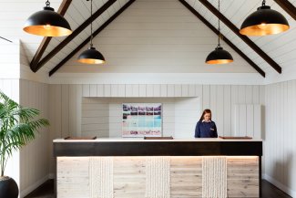 Front desk in the shiplap