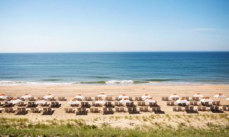 lounge chairs and beach umbrellas in neat rows on the beach