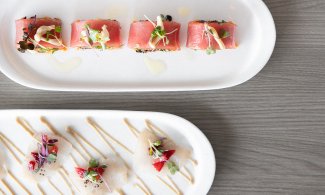 overhead shot of plated appetizers