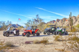 ATV off roading through lush desert landscape.