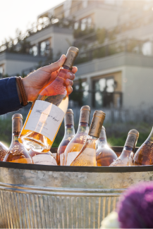A bottle of rose wine is lifted out of a metal pail filled with wine bottles