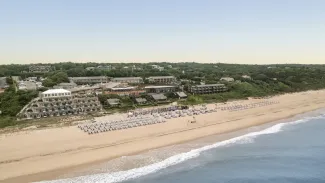 Aerial view of a beach with rows of umbrellas, buildings set back among green trees, and gentle waves on the sandy shore under a clear sky.